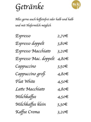 German coffee menu with various espresso and milk-based drinks.