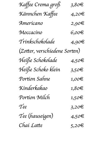 German café menu listing various coffee and chocolate drinks with prices in euros.