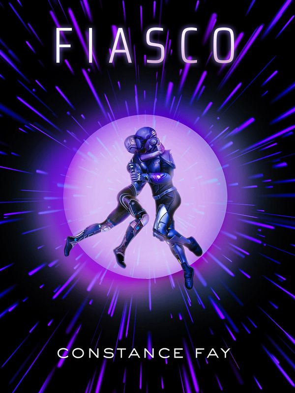 Purple and black cover of a book with two people wearing spacesuits intertwined