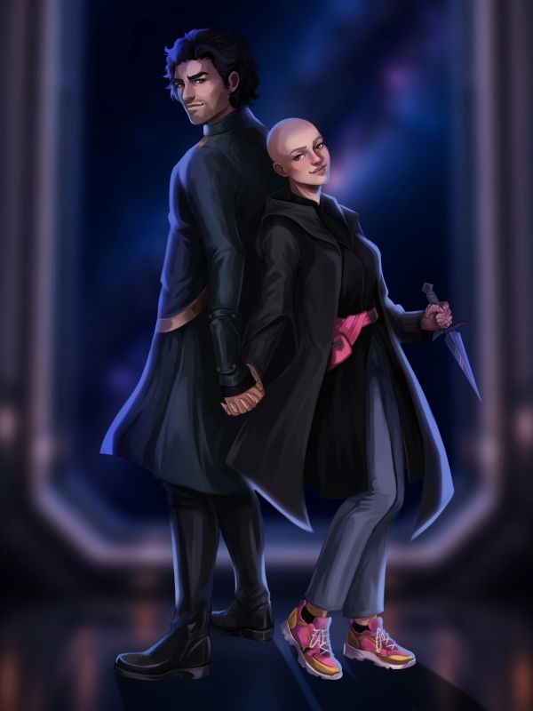 A man and a woman standing back to back. The man has dark hair, light brown skin, and looks resolved