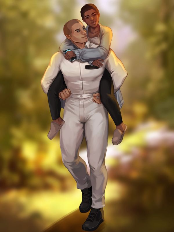 A very large man giving a piggyback ride to a smiling woman in a sunlit forest.