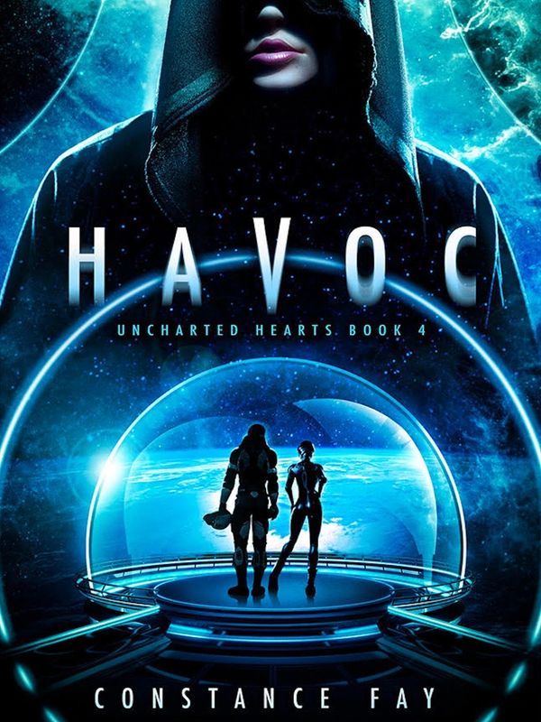 Futuristic sci-fi book cover featuring a hooded figure and two silhouettes on a glowing platform.