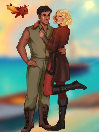 A tiny dragon flies next to a dark haired man in coveralls and a blonde woman