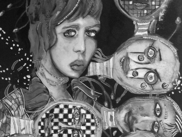 Black and white abstract faces with expressive eyes.