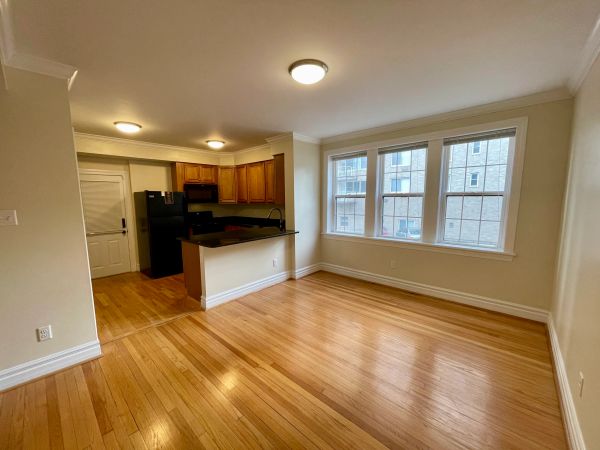 Bright empty apartment with hardwood floors and a kitchen with wooden cabinets.
