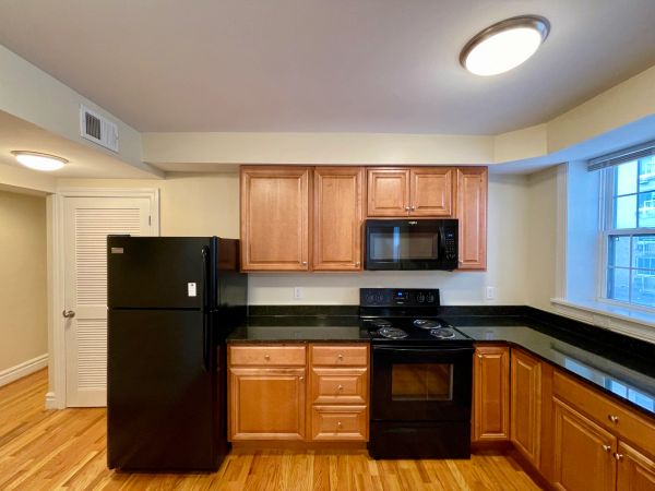 Modern kitchen with black appliances and wooden cabinets.