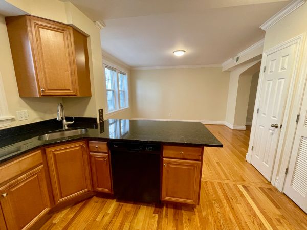 Empty kitchen with wooden cabinets and black countertop opening to a living area.