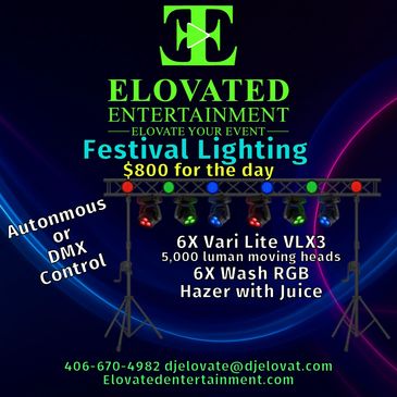 Advertisement for festival lighting services by Elovated Entertainment.