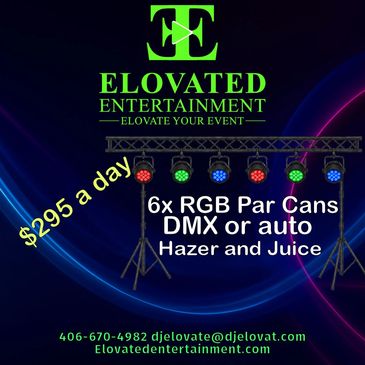 Promotional ad for Elovated Entertainment lighting rental.