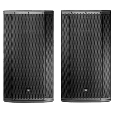 Pair of black JBL professional speakers with metal grilles.
