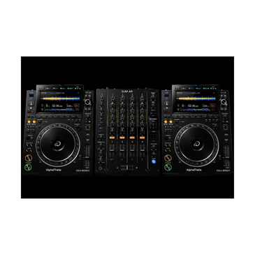 Professional DJ mixer setup with dual decks and central mixer controls.