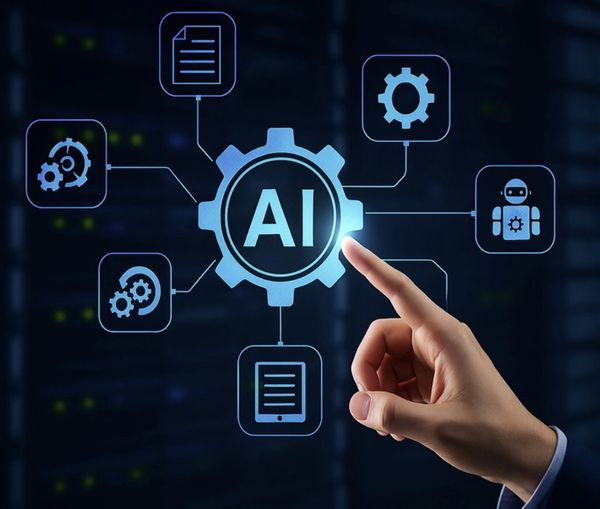 Hand interacting with AI interface showing gears and icons symbolizing automation and technology.