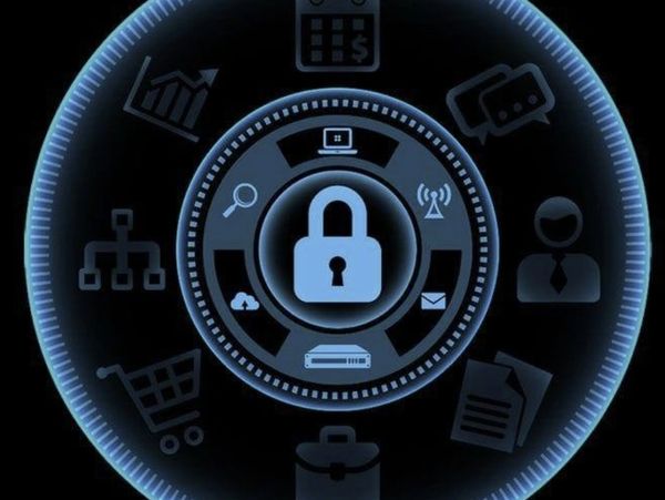 Digital security concept with a lock surrounded by various business icons in a glowing circular interface.