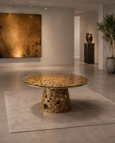 Elegant gold-speckled round table in a modern gallery setting.