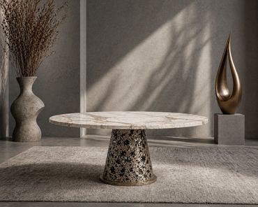 Elegant marble table with artistic decor and soft shadows.