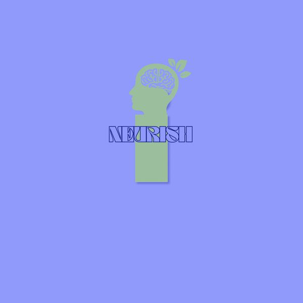 Green human head with brain and leaves, word 'NEURISH' on blue background.