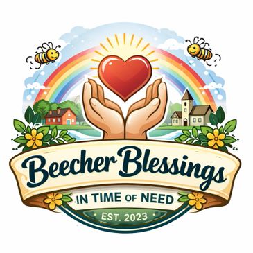 Logo with hands holding a heart, rainbow, bees, and village for Beecher Blessings.