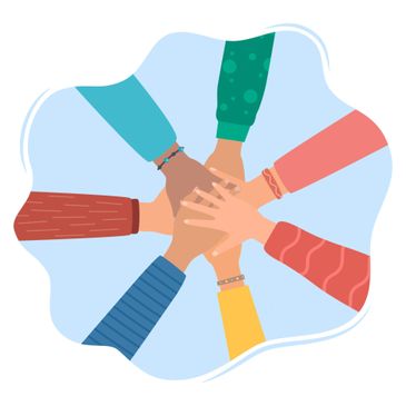 Six diverse hands stacked together symbolizing unity and teamwork.