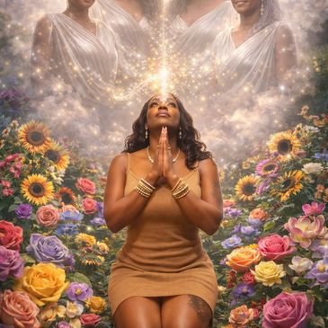 Woman in brown dress prays surrounded by colorful flowers and glowing spirits.