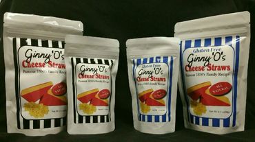 Various sizes of Ginny O's Cheese Straws packages in different flavors.