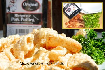 Close-up of microwavable pork rinds with packaging and herbs.