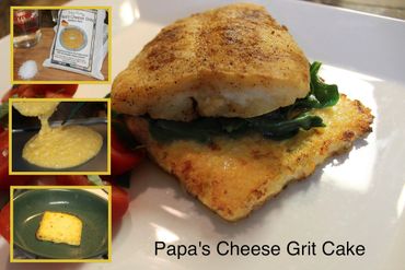 A golden cheese grit cake sandwich with greens on a white plate.