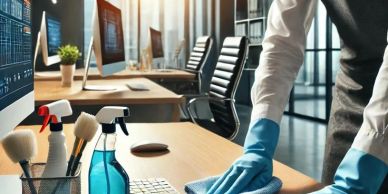 Person cleaning office desk with cloth and gloves.