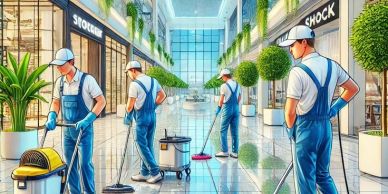 Janitors cleaning a bright, modern shopping mall corridor with plants.
