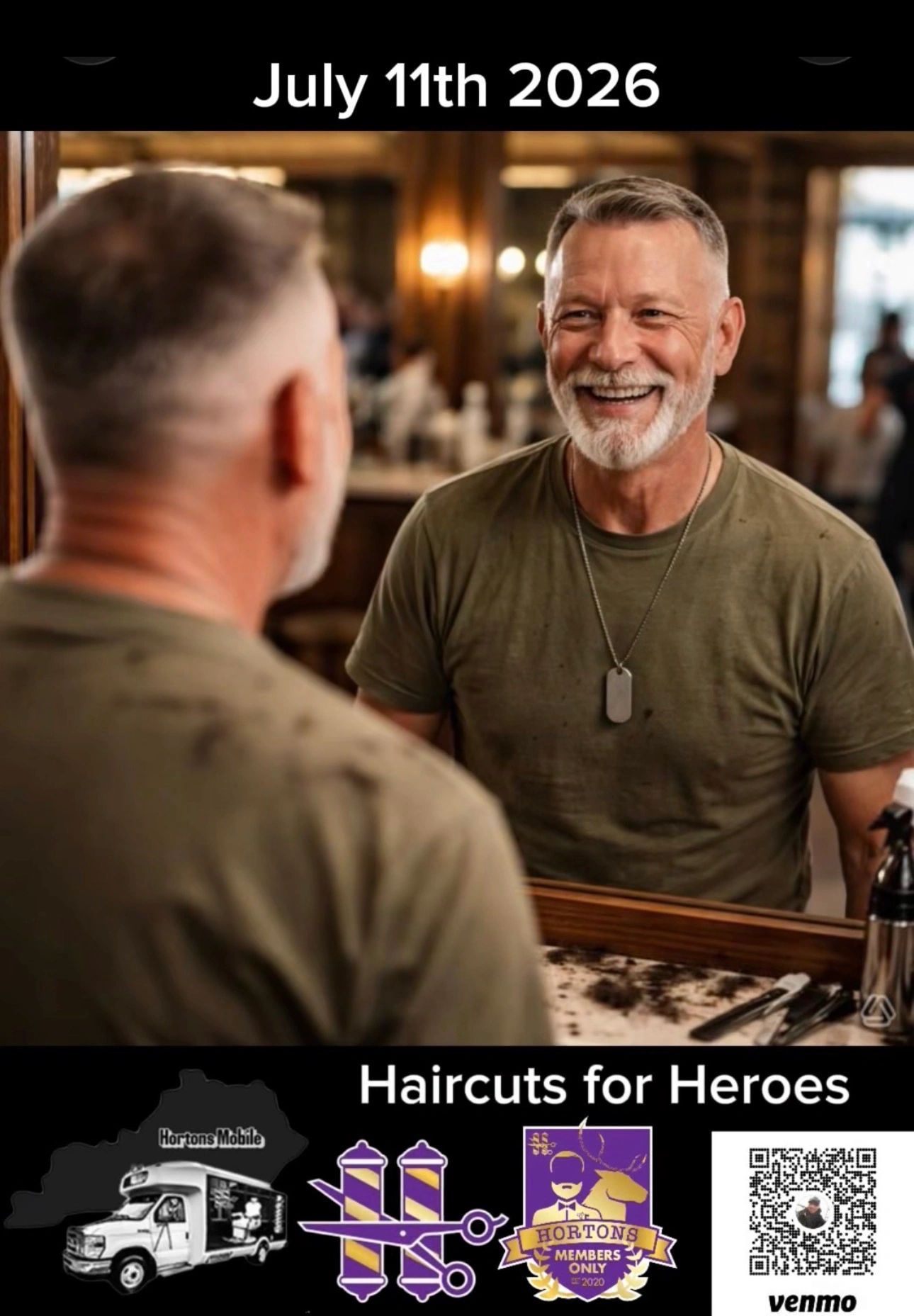 Smiling man with fresh haircut, promoting Haircuts for Heroes event.