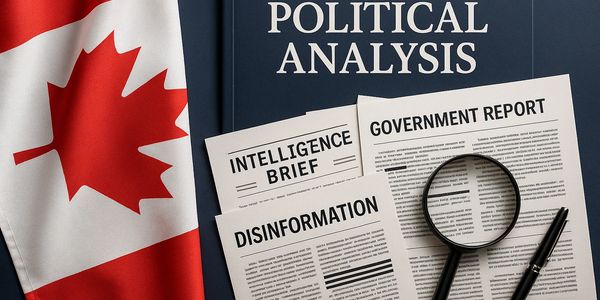 Canadian political analysis with reports on intelligence, government, and disinformation alongside a magnifying glass and pen.