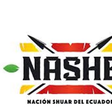 Logo of NASHE, representing the Shuar Nation of Ecuador with spears and colorful design elements.