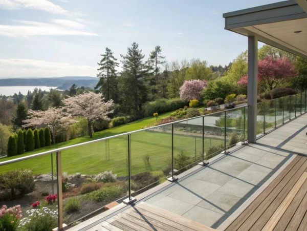 Balcony with glass railing overlooking a lush garden and distant water view.