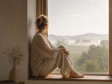 Frau sitzt am Fenster und blickt in die Morgenlandschaft.