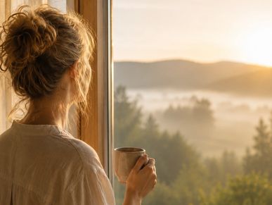 Frau trinkt Kaffee und schaut in den sonnigen Morgenwald.