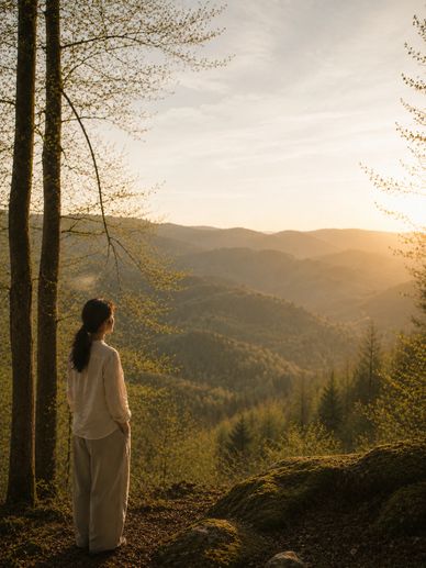 Person betrachtet die Sonnenuntergangslanschaft im Wald.