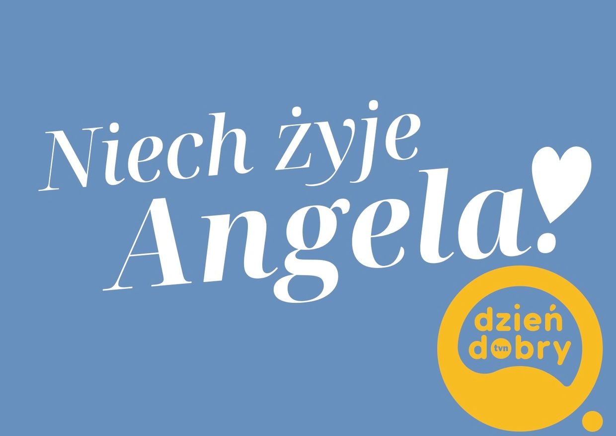 Text wishing Angela a happy name day with a heart symbol and a logo.