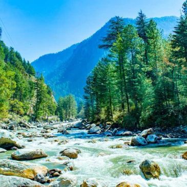 A clear river flowing through a forested mountain valley under a bright blue sky.