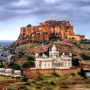 Historic Mehrangarh Fort towering over Jaswant Thada in Jodhpur.