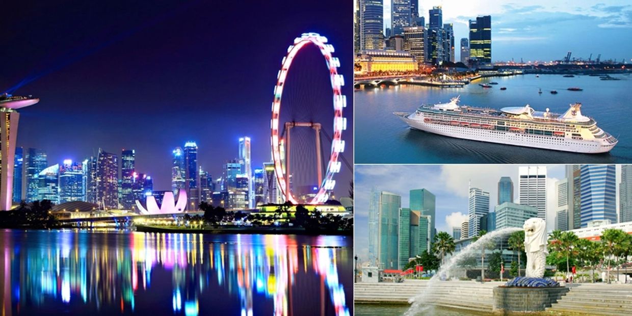 Singapore cityscape with landmarks and a cruise ship.