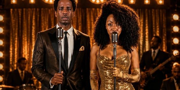 Two singers perform on stage with a Motown sign lit behind them.
