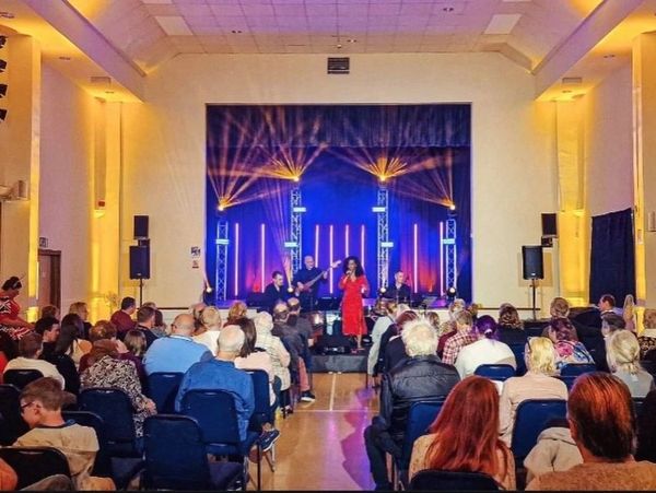 Audience watching a live musical performance in a well-lit auditorium.
