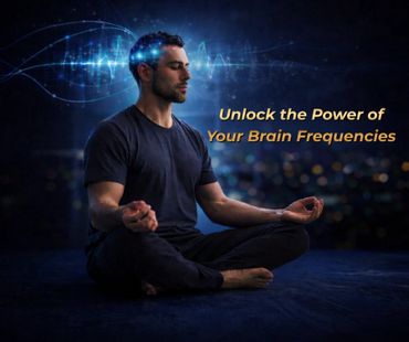 Man meditating with brainwave graphics and text about unlocking brain frequencies.