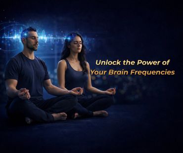 Two people meditating with brainwave graphics and text about unlocking brain frequencies.