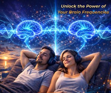 Two people relax with headphones as glowing brain waves connect above them.