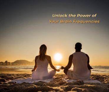 Two people meditating on a beach at sunset with the text about brain frequencies.