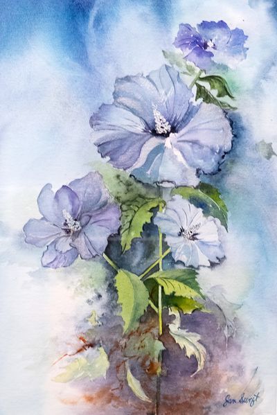 Framed water color. "Blue Hibiscus" Originally priced at $650.00 on sale now for $520.00