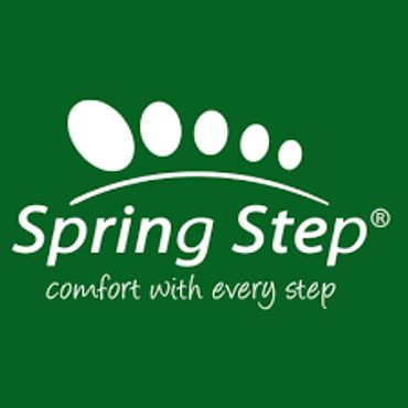 Logo of Spring Step with a footprint design on green background.