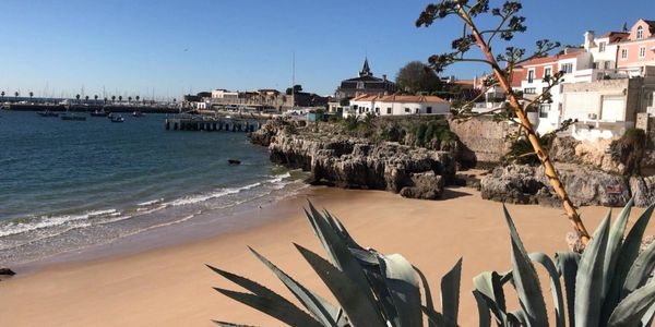 A smooth sandy beach with white-and-orange buildings in the background
