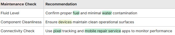 Table outlining maintenance checks and recommendations for lawn equipment, emphasizing fluid levels, cleanliness, and mobile repair services.