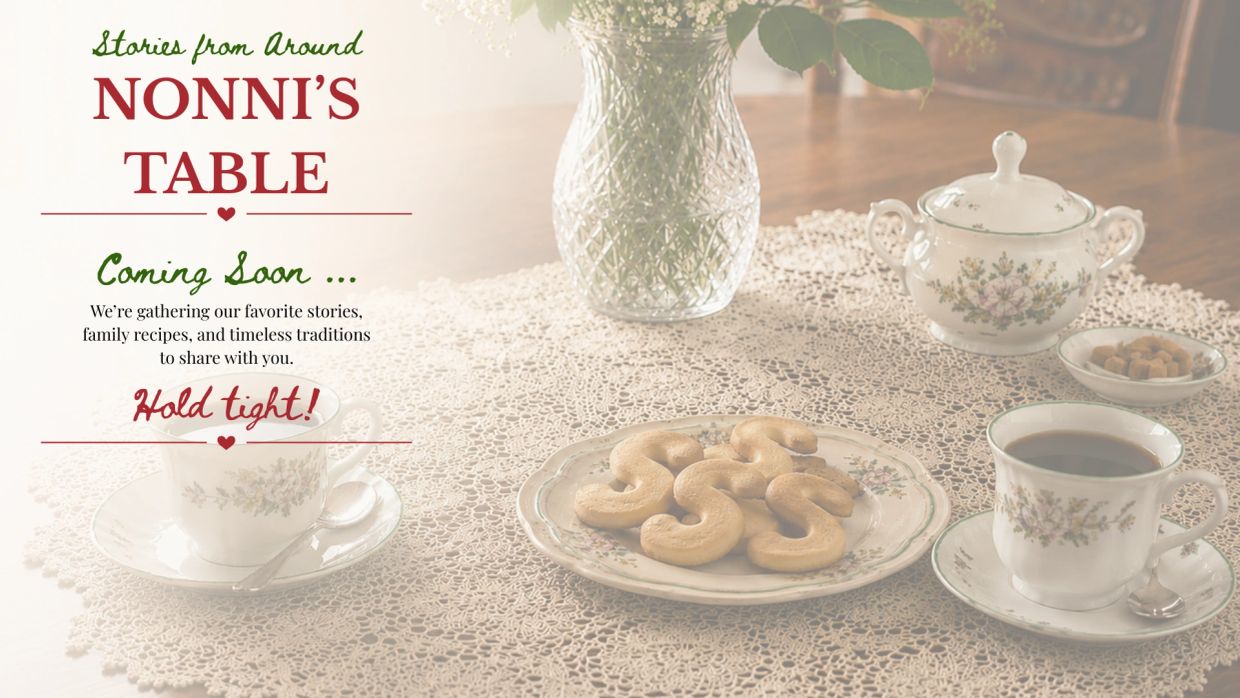 Vintage tea set with cookies and announcement text.